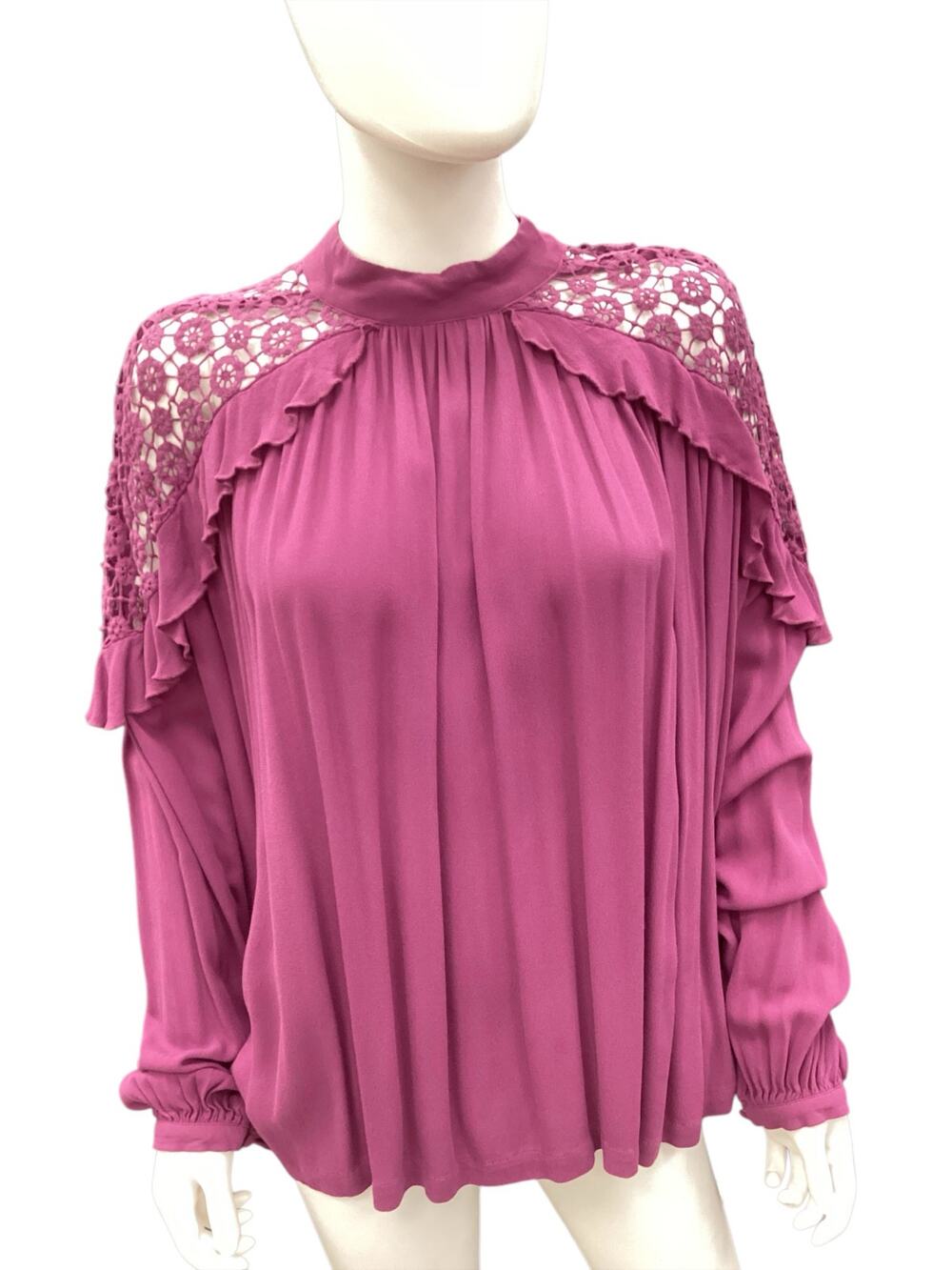 Free People Women’s Top SZ M Long Sleeve Crochet Arms Button Closure Purple
